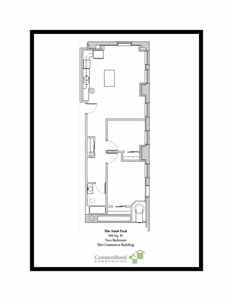 Floor plan of a 900 square feet two bedroom condo.